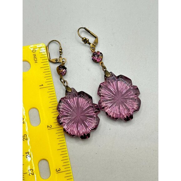 Art Deco Czech Glass Earrings dangles Pressed Amethyst Glass Drops Lever Back Ho - Picture 7 of 7